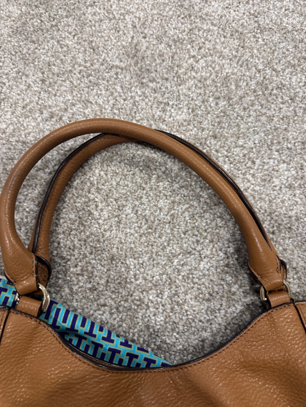 Tory Burch Cognac Leather Shoulder Tote with Embossed Logo - Picture 8 of 9